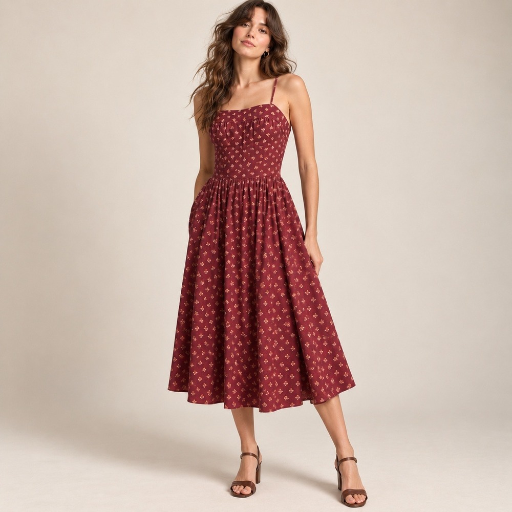 Vintage 70s Prairie Dress XS Burgundy Floral Cotton Open Back Cottagecore Midi